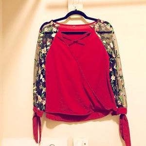 Red Criss cross blouse sheer floral embroidered sleeves ! NWOT